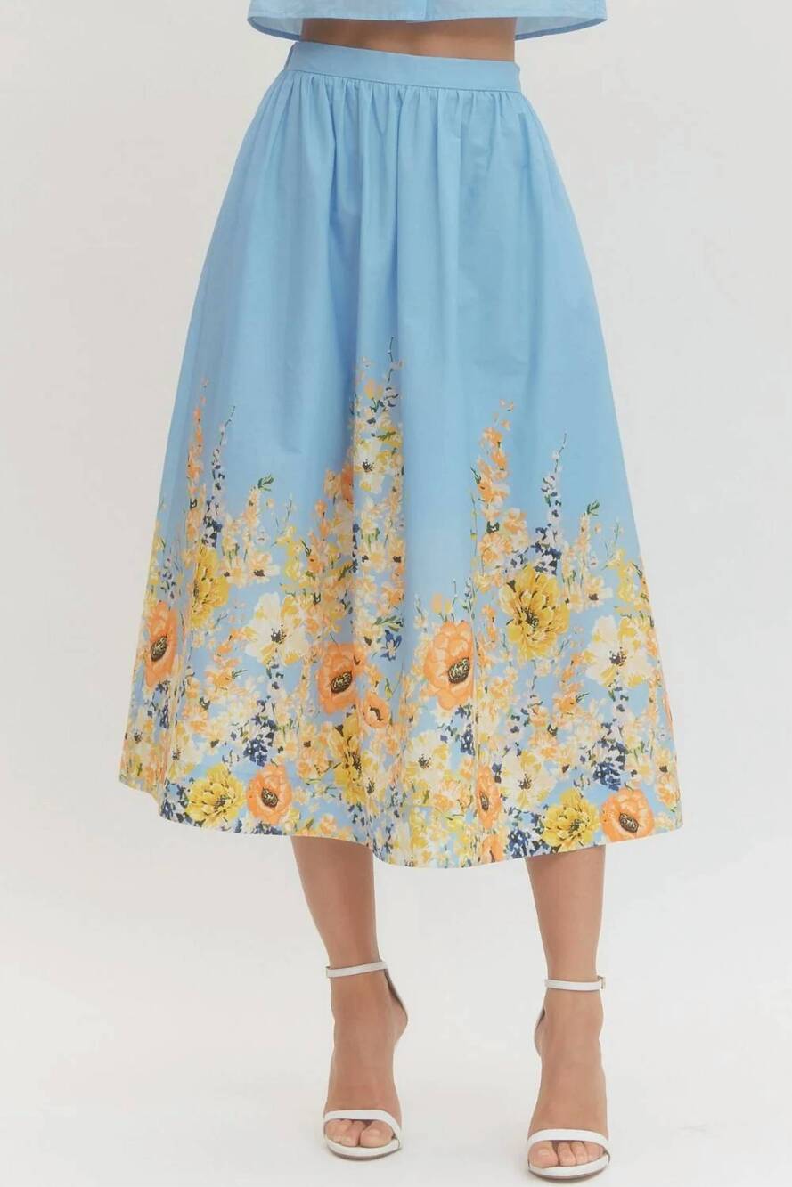NEW ENTRO flower garden midi skirt in blue floral
